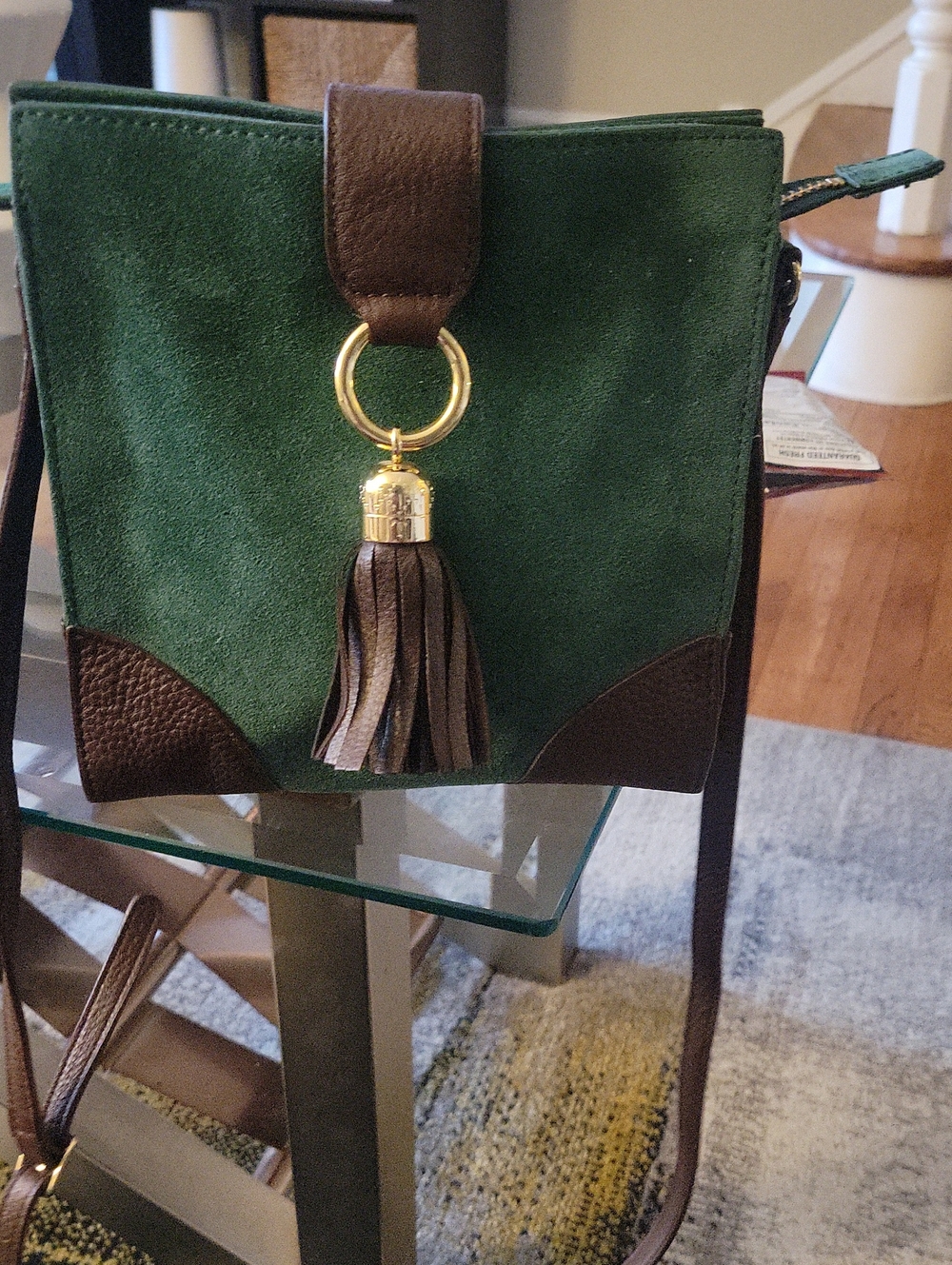 TALBOTS - Green Suede Crossbody Bag with Brown Leather Trim